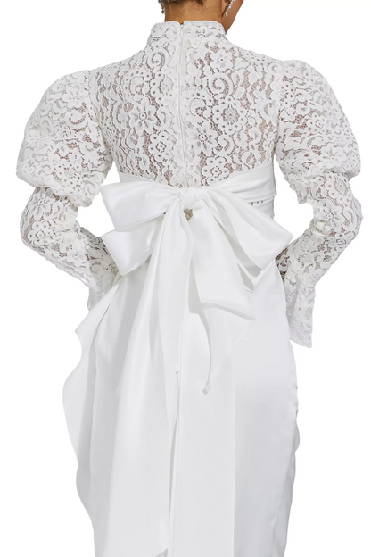 White Lace Bubble Sleeve Midi Dress