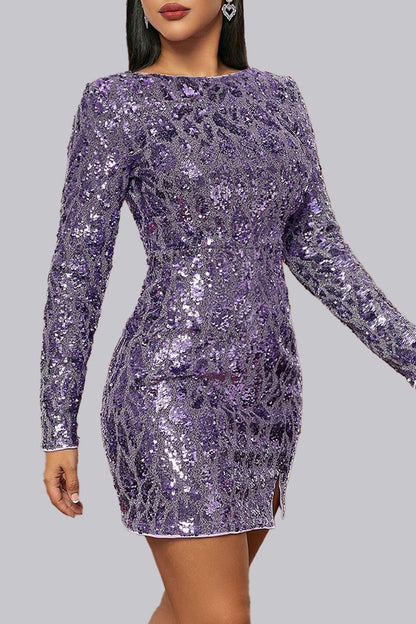 Purple Long Sleeved Velvet Sequined Mini Dress