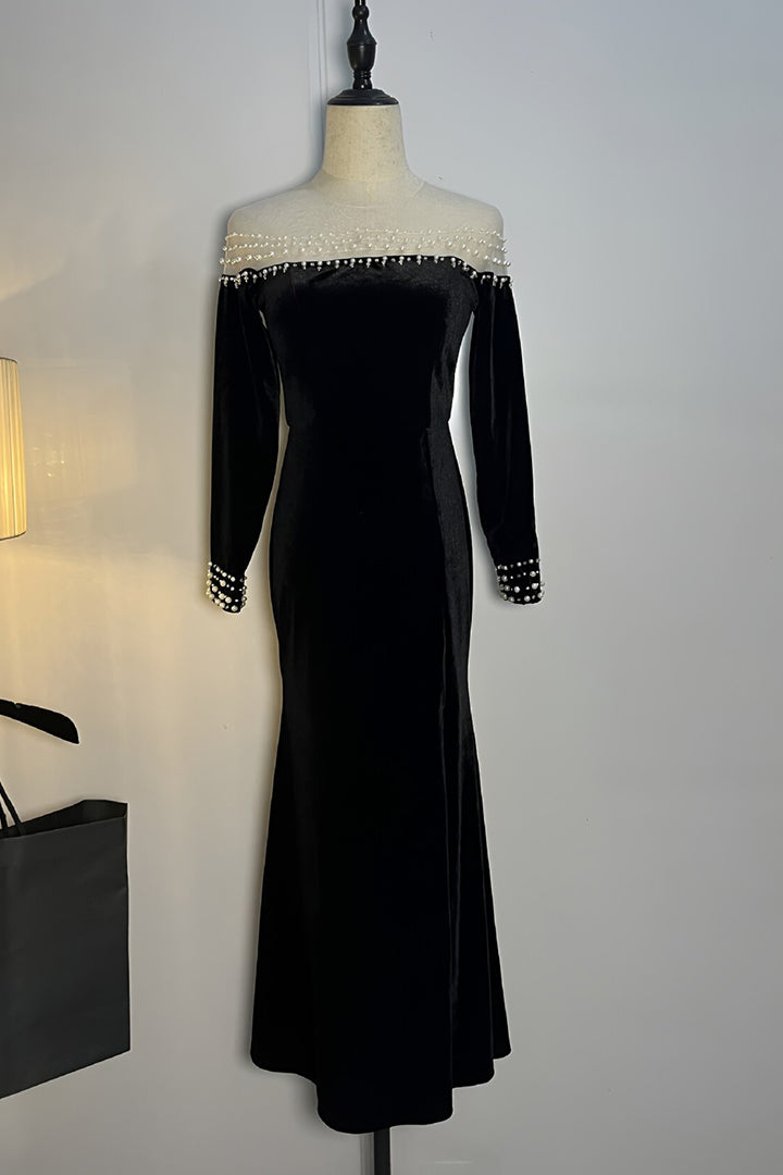 Black Strapless Beaded Embellished Maxi Dress