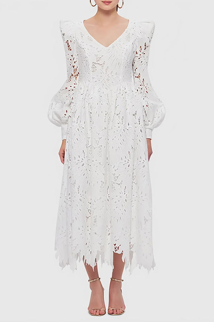 V Neck Lace Embroidery Cutout Midi Dress