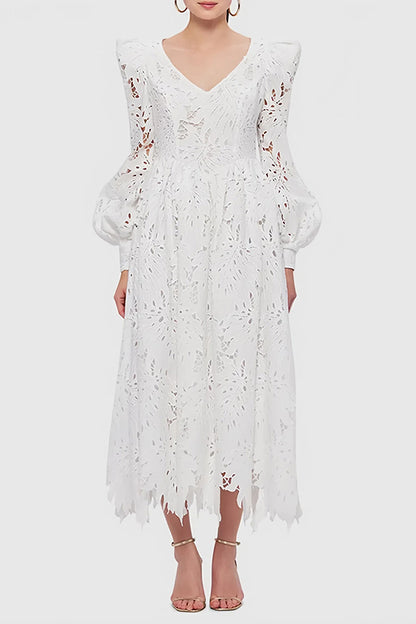 V Neck Lace Embroidery Cutout Midi Dress