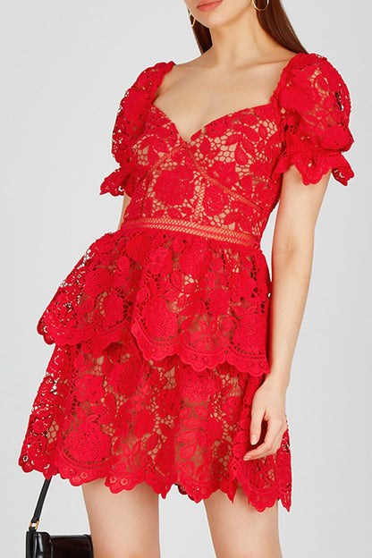 Red Lace Design Mini Dress