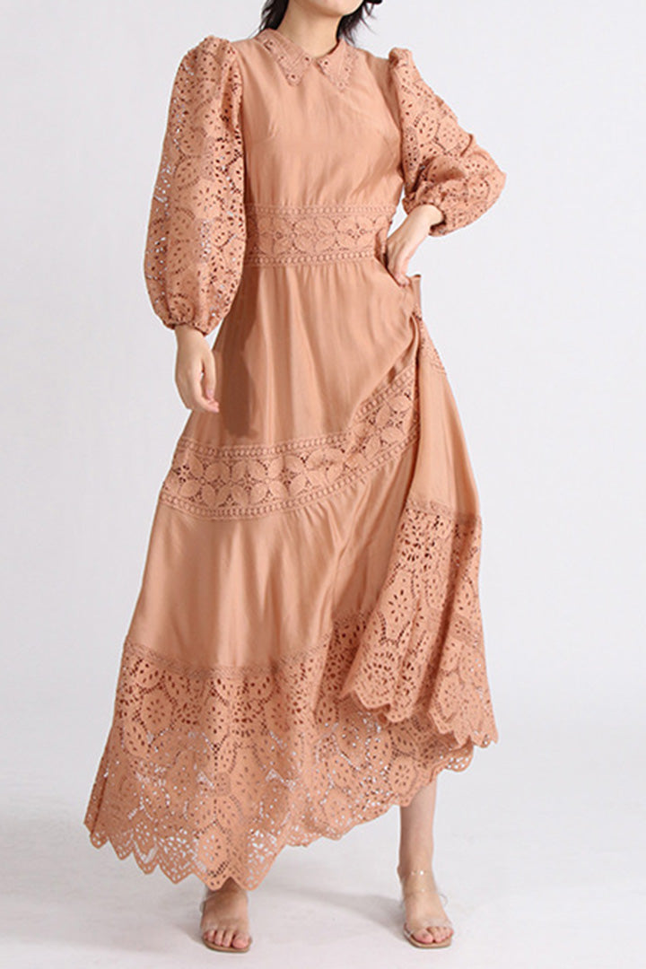 Lace Panel Lapel Long Sleeve Midi Dress