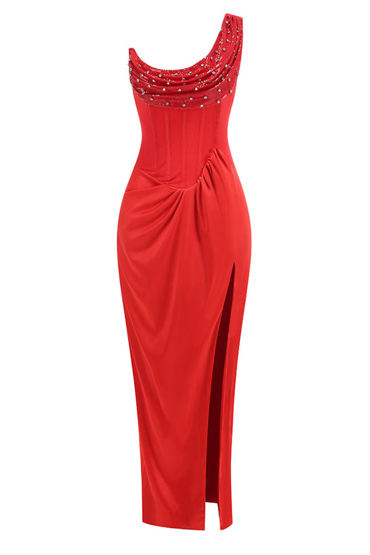 Red Beaded Off-Shoulder Maxi Dress