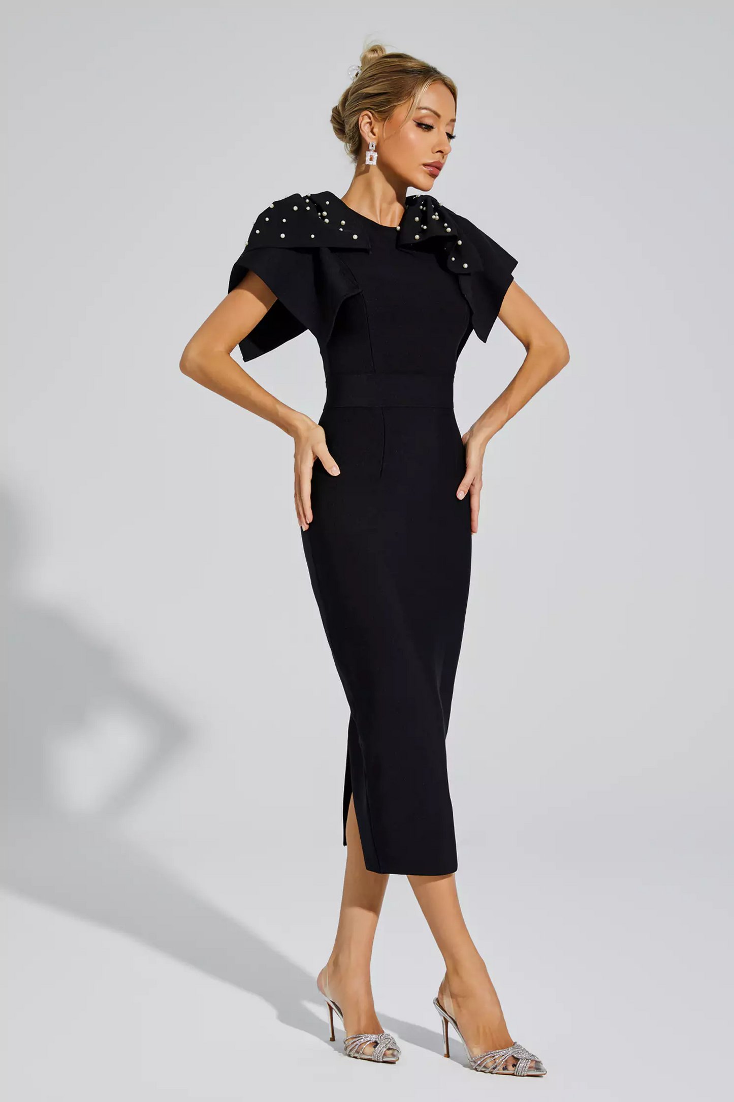 Black Knitted Embellished Midi Dress