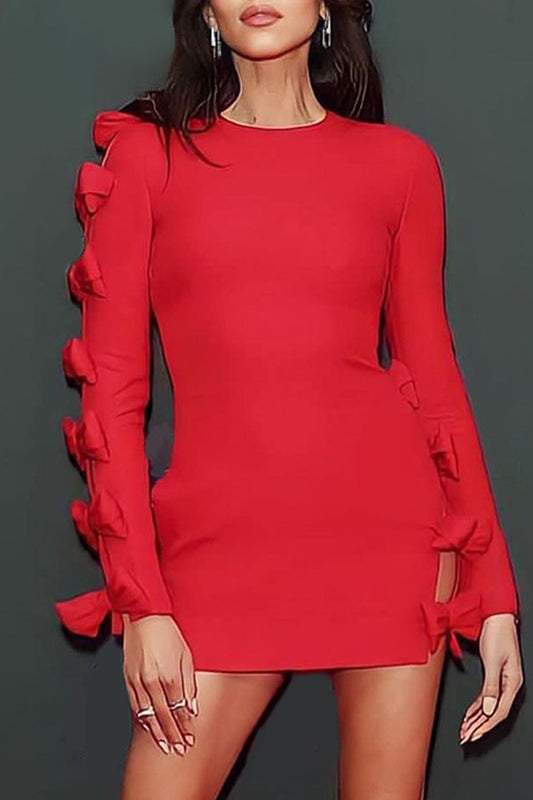 Red Cutout Bow Long Sleeve Bandage Mini Dress