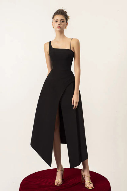 Black Detachable Pullover Halter Slit Midi Dress