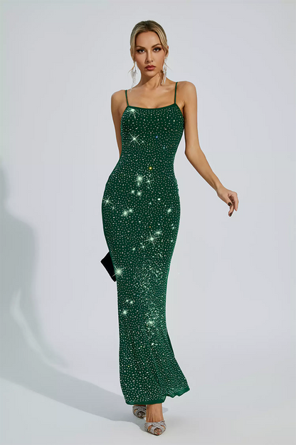 Green Embellished Mesh Maxi Dress