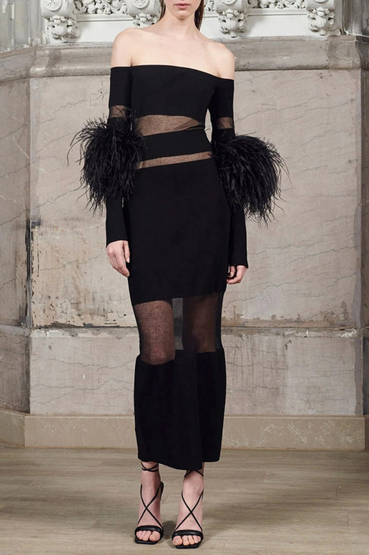 Mesh Feather Sleeve Knit Long Dress