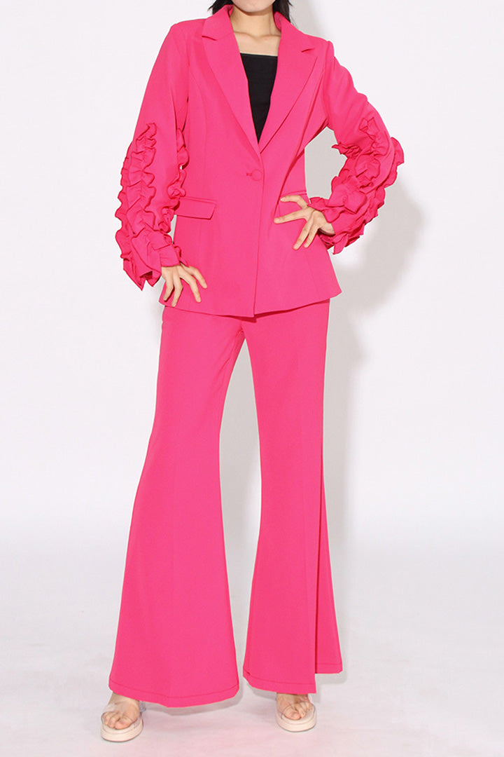 Rose Red Ruffled Long Sleeve Suit