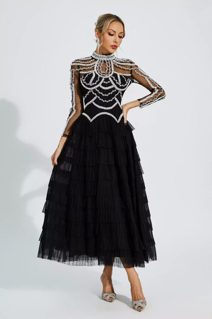 Black Beading Maxi Evening Dress