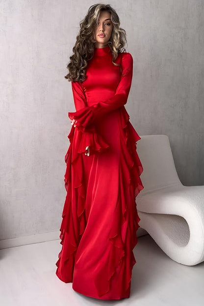 Christmas Red Round Neck Flared Sleeve Long Dress