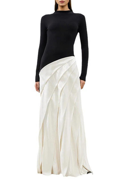 Irregularly Pleated Color Blocked Maxi Dress