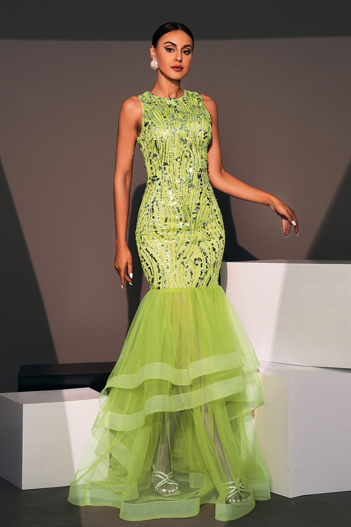 Green Sequin Mesh Patchwork Fishtail Maxi Dress