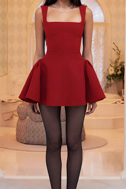 Solid Color Square Neck Mini Dress