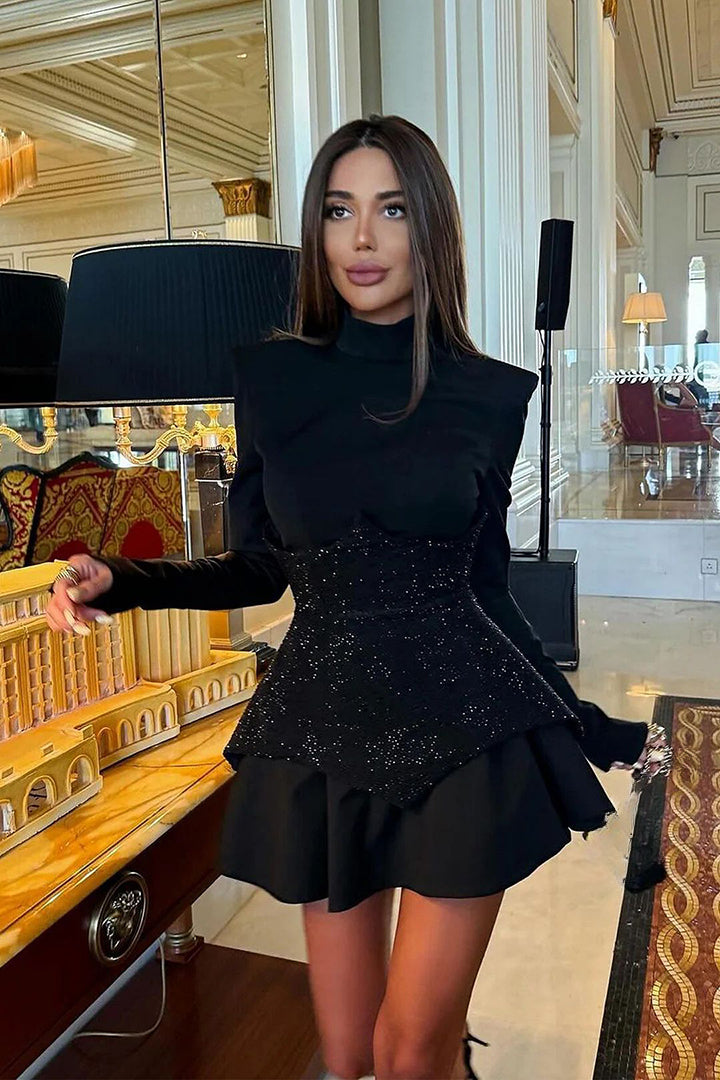 Black Long Sleeve Patchwork Sequin A-Line Mini Dress