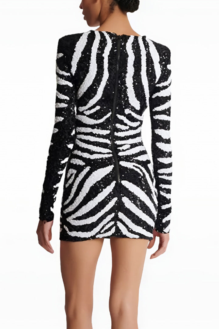 Black Zebra Print Sequined Short Dress