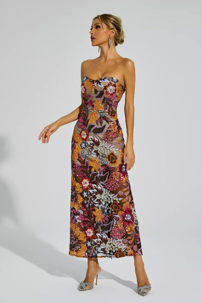 Maxi dress with red floral embroidery