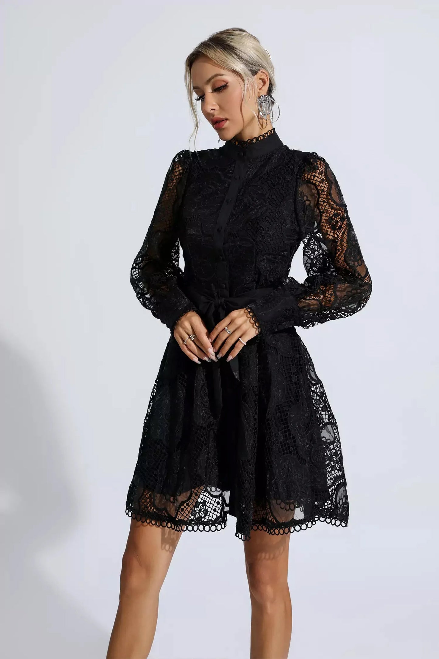 Black Lace Jacquard Mini Dress