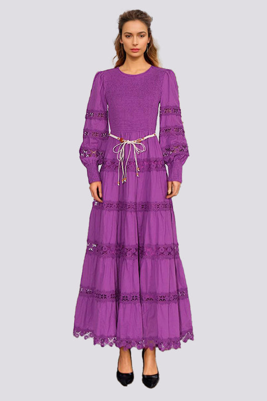 Purple Lace Hollow Out Tie Solid Maxi Dress