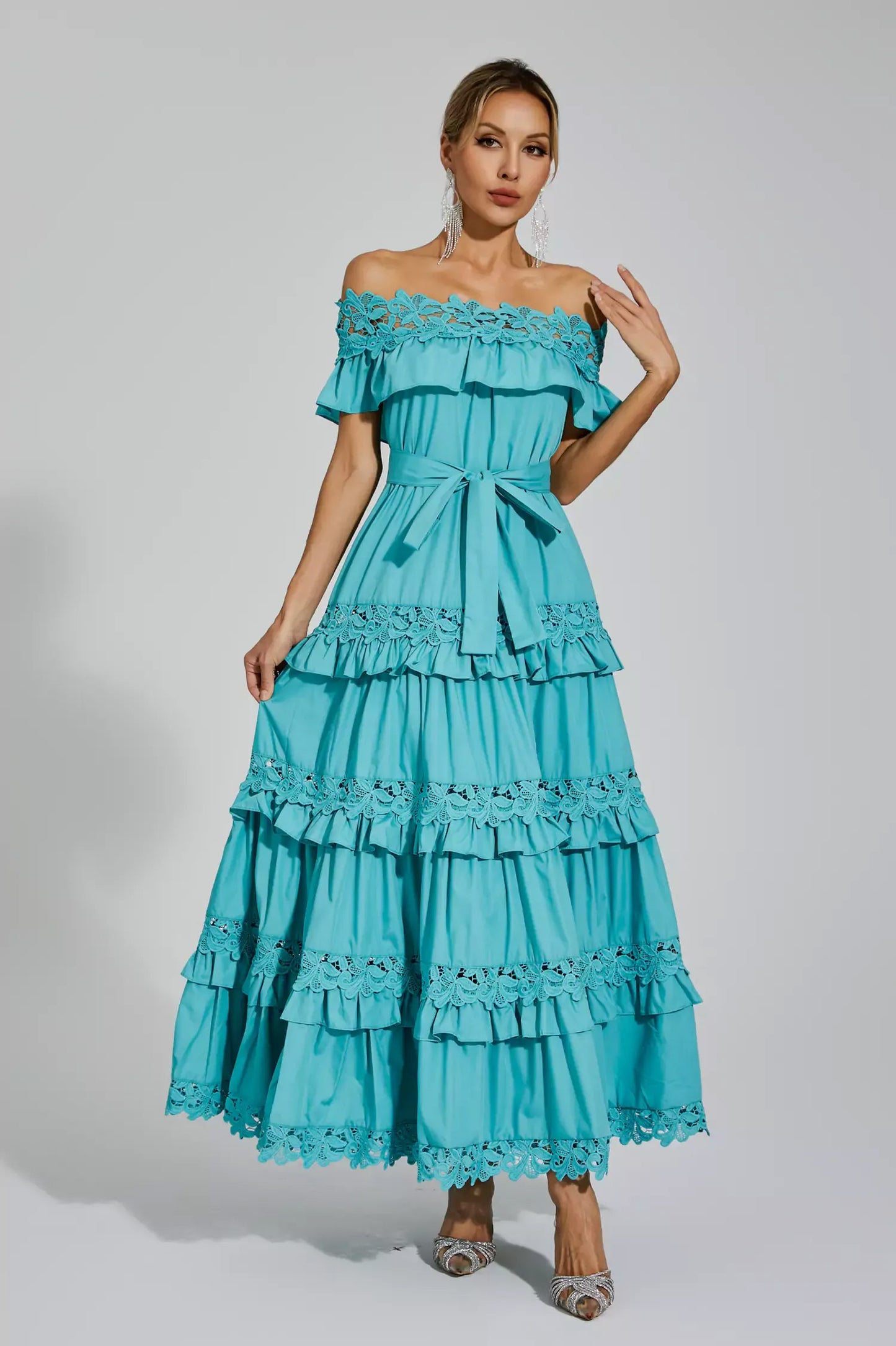 Blue Ruffle Off Shoulder Dress