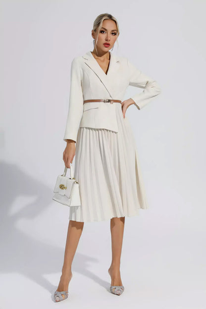 Beige Ruched Blazer Midi Dress