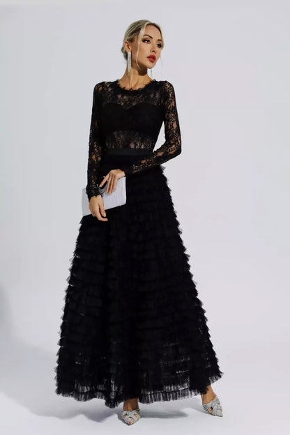 Black Hollow Lace A-line Maxi Dress