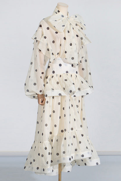 Apricot Ruffle Shirt Polka Dot Long Dress Set