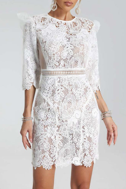 White Round Neck Half Sleeve Lace Dress