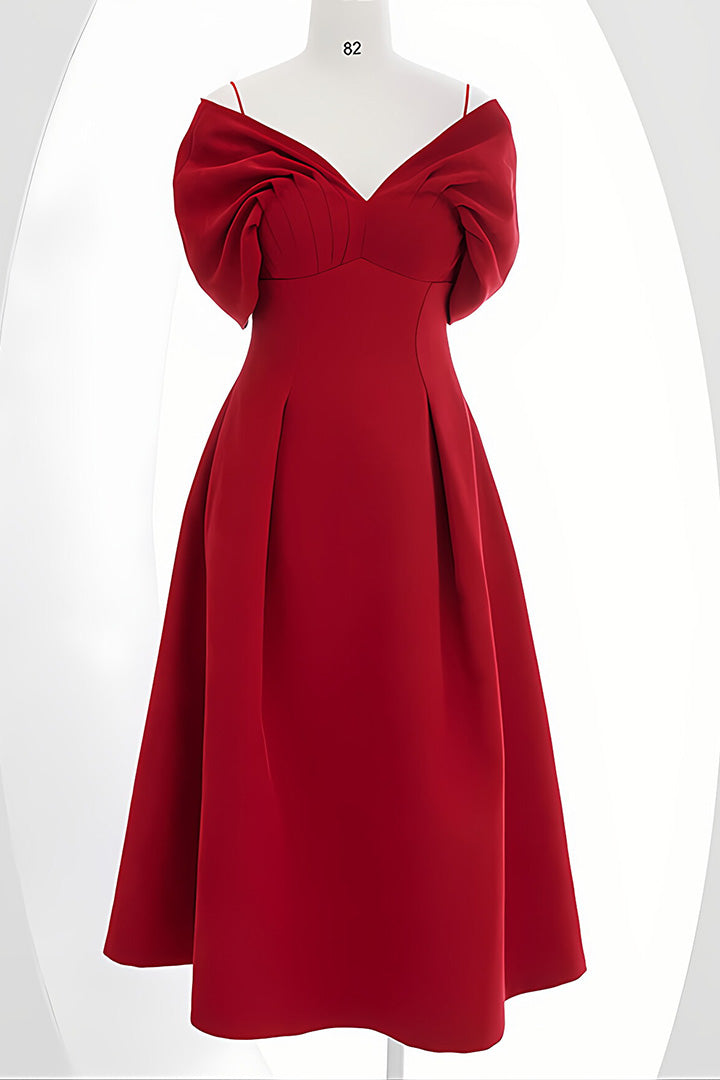 Christmas Red Pleated Wrap Shoulder Midi Dress