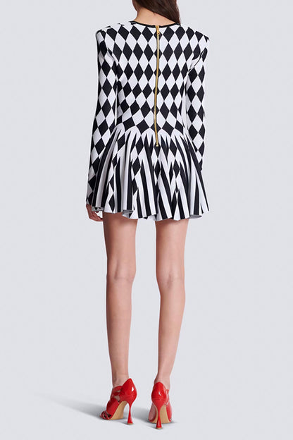 Black Elegant Square Neck Print Pleated Mini Dress