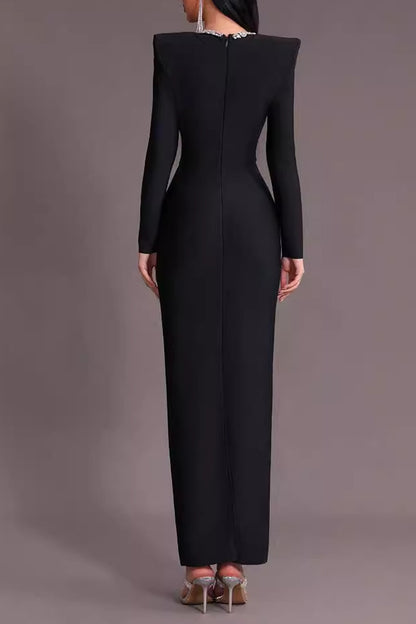 Long Sleeve Diamond Embellished Maxi Dress