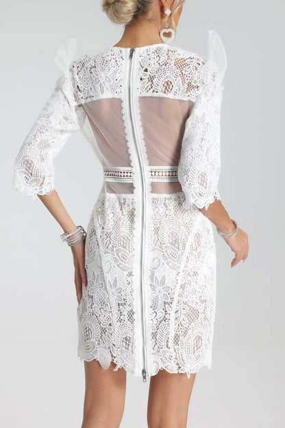 White Round Neck Half Sleeve Lace Dress