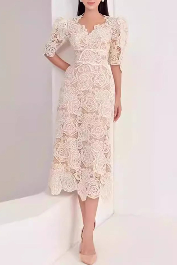 Apricot Elegant V Neck Lace Midi Dress