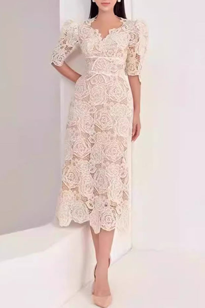 Apricot Elegant V Neck Lace Midi Dress