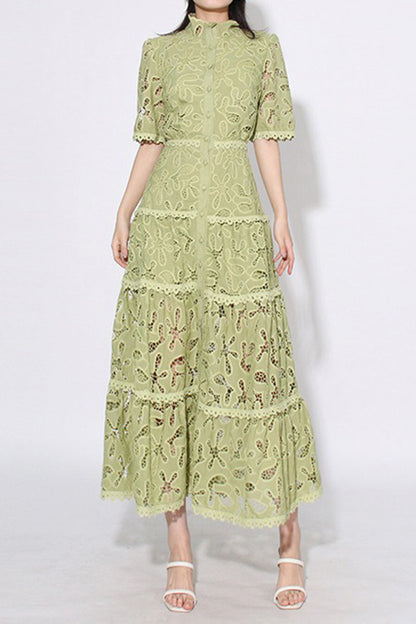 Embroidered Lace Midi Dress With Half Sleeves