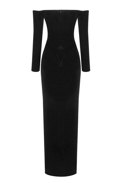 Black Long Sleeve Lace Velvet Long Dress