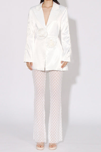 White Cut Out Floral Blazer And Rivet Pants Set