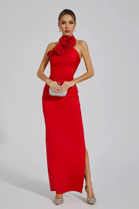 Red Floral Ruched Halter Maxi Dress