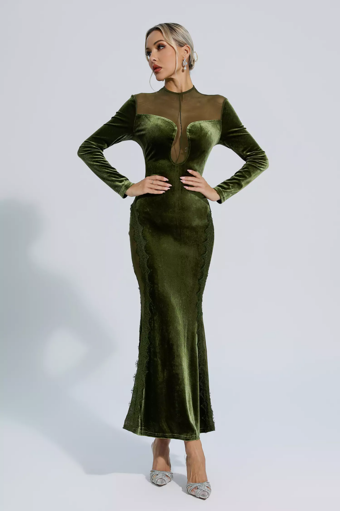 Green Mesh Long Sleeve Maxi Dress