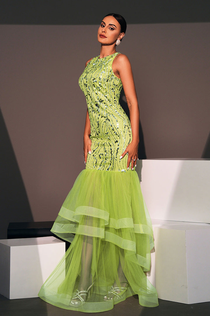 Green Sequin Mesh Patchwork Fishtail Maxi Dress