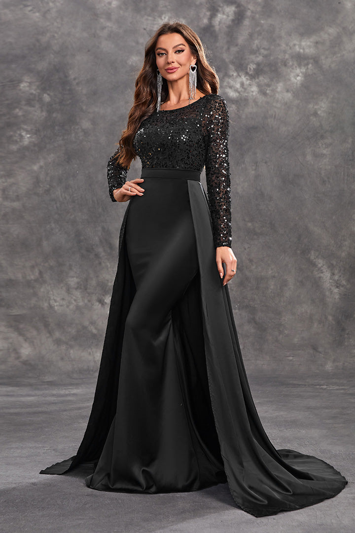 Elegant Round Neck Long Sleeve Sequin Long Dress