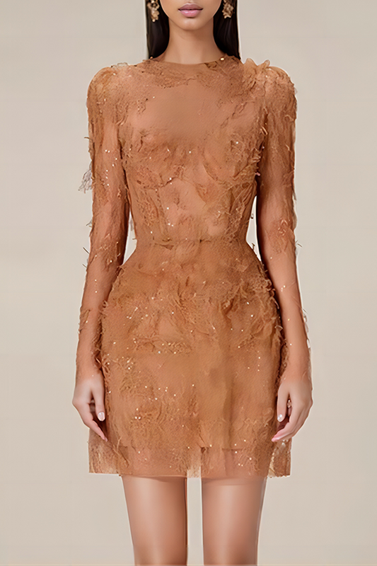 Elegant Lace Dimensional Petal Long Sleeve Short Dress