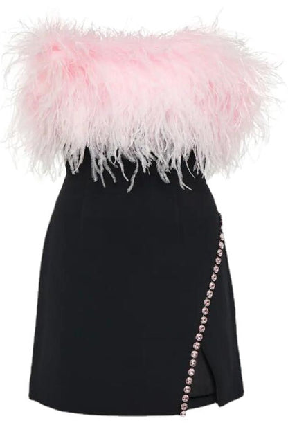 Diamond Chain Sheath Feather Embellished Mini Dress