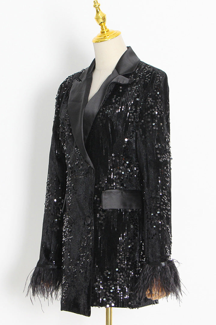 Black Fall Long Sleeve Sequined Feather Patchwork Blazer