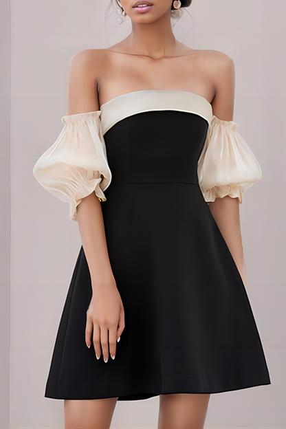 Black Strapless Bubble Sleeve Short Dress