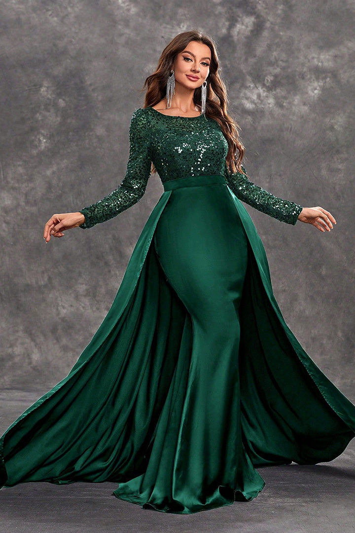 Elegant Round Neck Long Sleeve Sequin Long Dress