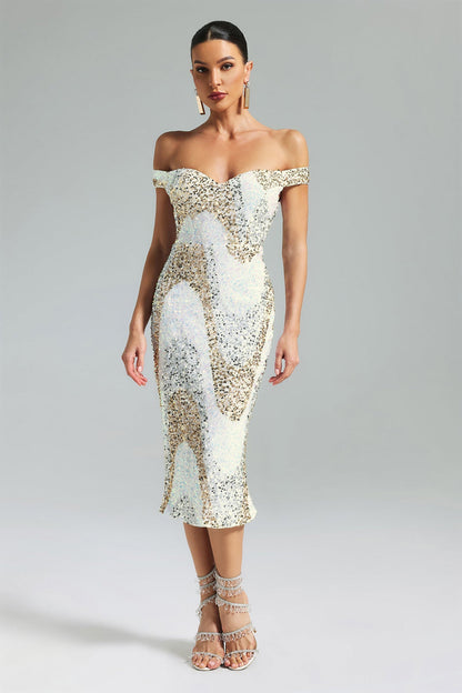 Apricot Sequins One Shoulder Midi Dress