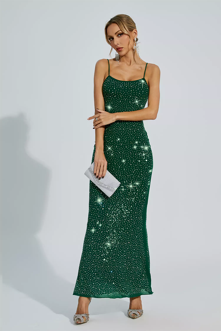 Green Embellished Mesh Maxi Dress