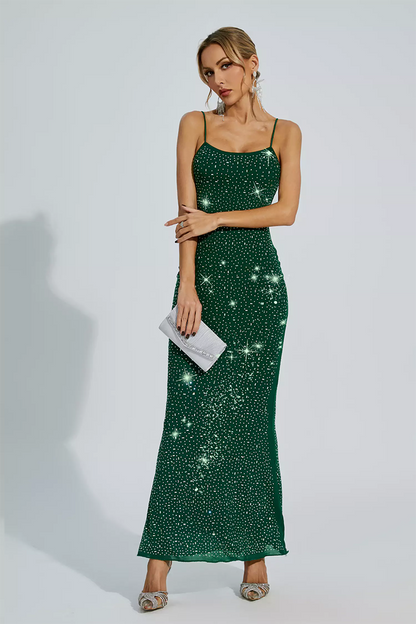 Green Embellished Mesh Maxi Dress